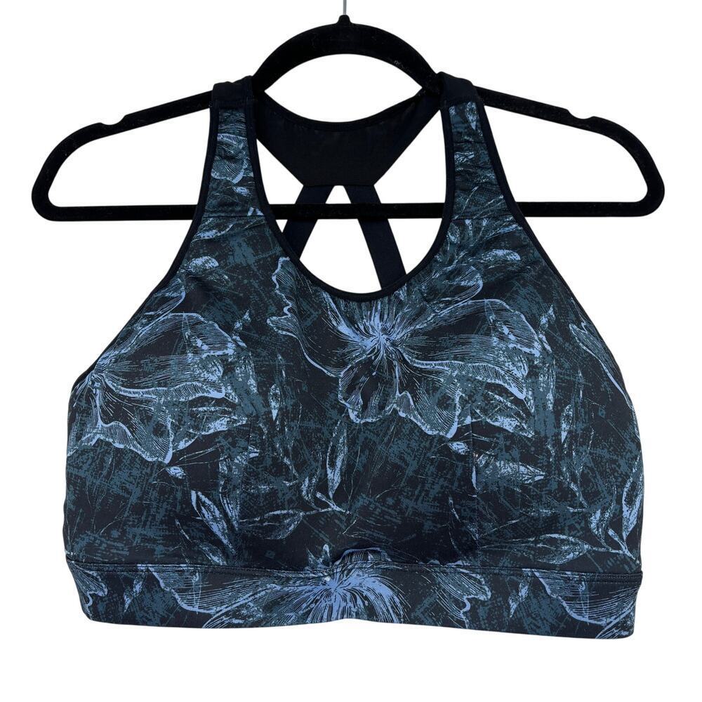 Crane Sports Bra Women's Size L Blue Black Floral Racerback Padded Athletic